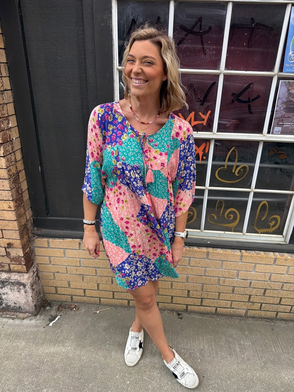 Patchwork Floral Mini Dress - Pink & Teal